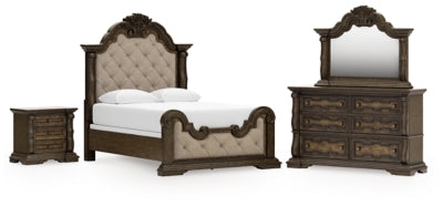 Maylee Queen Upholstered Panel Bed, Dresser, Mirror and Nightstand - B947B18