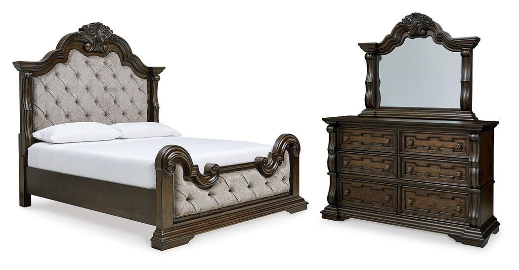 Maylee Queen Upholstered Bed, Dresser and Mirror - B947B3