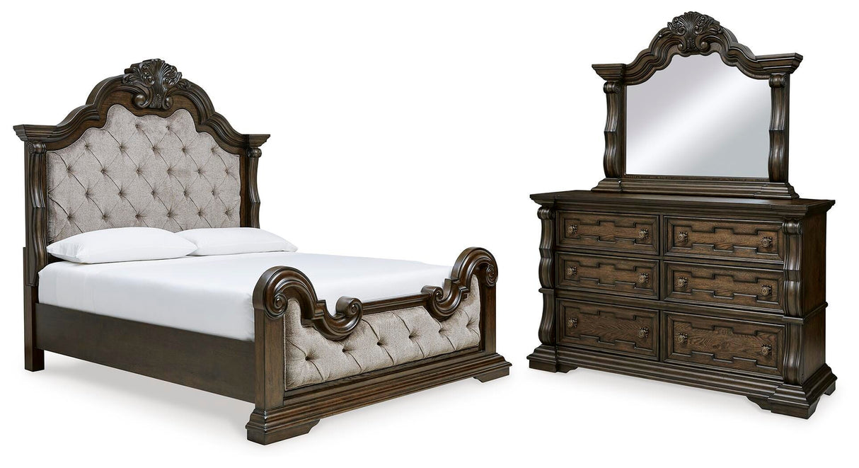 Maylee King Upholstered Bed, Dresser and Mirror - B947B6