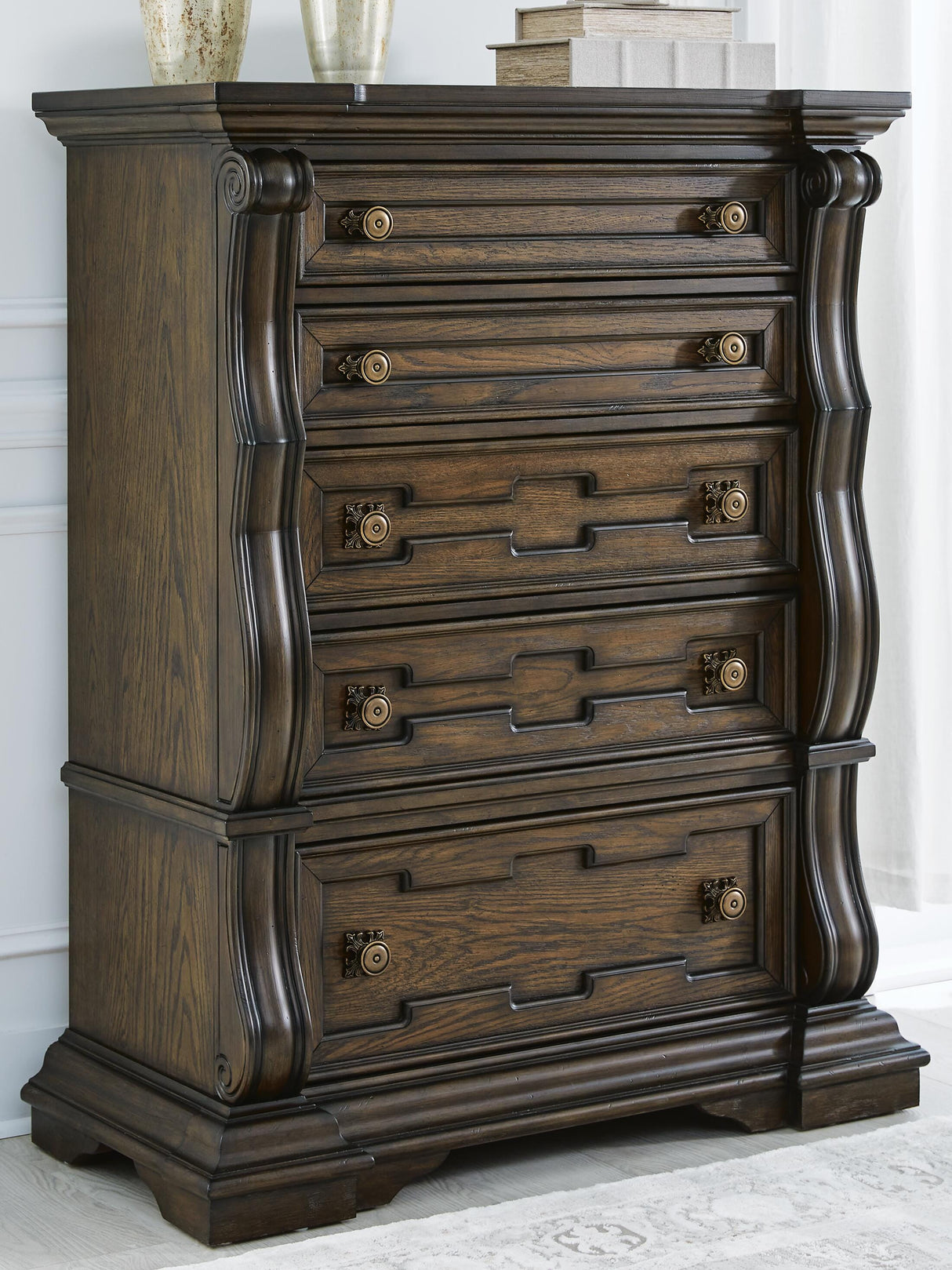 Maylee Queen Upholstered Bed, Dresser, Chest and Nightstand - B947B12