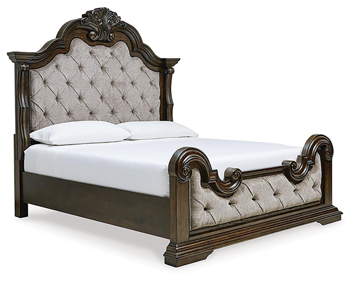 Maylee Queen Upholstered Bed, Dresser and Mirror - B947B3