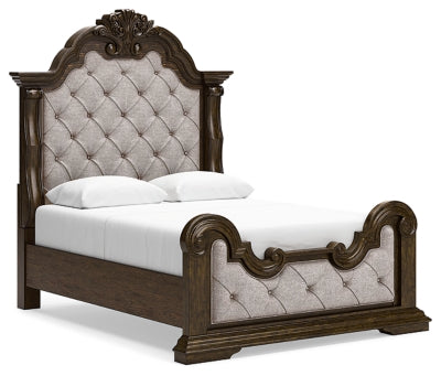 Maylee Queen Upholstered Panel Bed, Dresser, Mirror and Nightstand - B947B18
