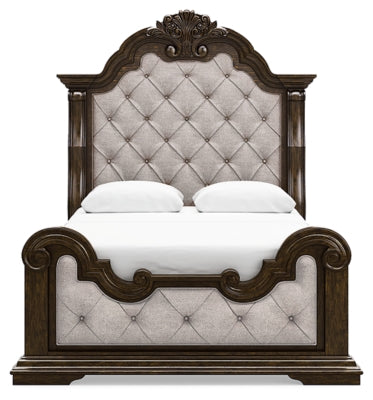 Maylee Queen Upholstered Panel Bed, Dresser, Mirror and Nightstand - B947B18