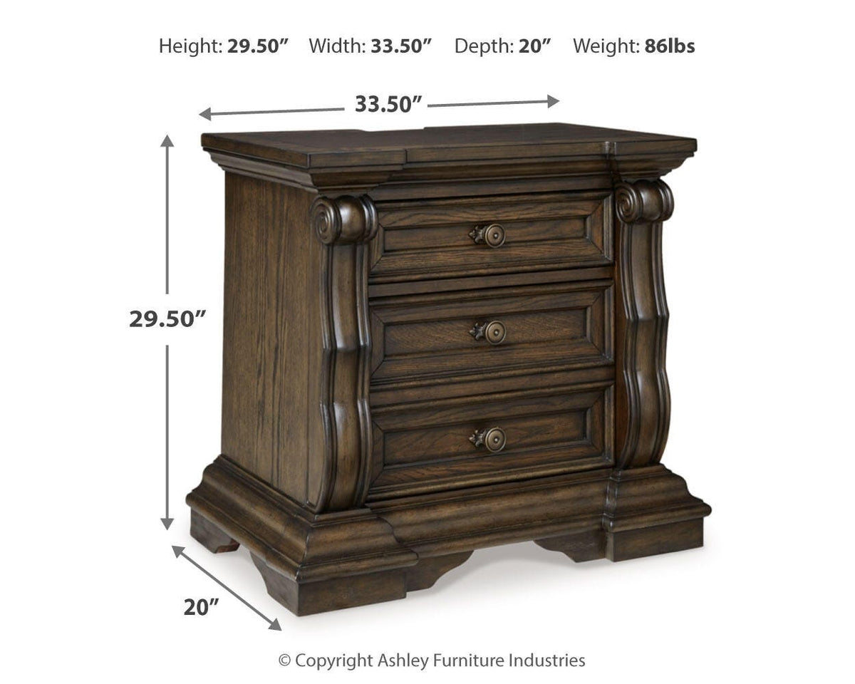 Maylee Queen Upholstered Panel Bed, Dresser, Mirror and Nightstand - B947B18