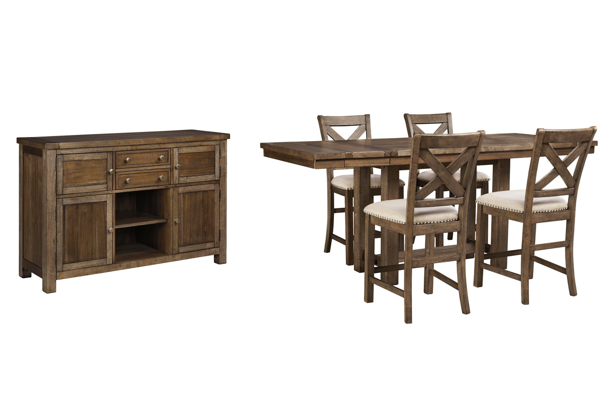 Moriville Counter Height Dining Table, 4 Barstools and Server - D631D8