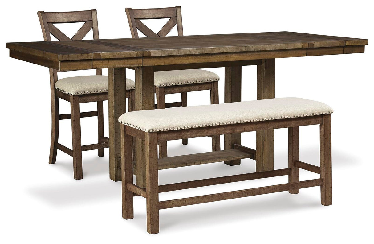 Moriville Counter Height Dining Table and 2 Barstools and Bench - D631D9