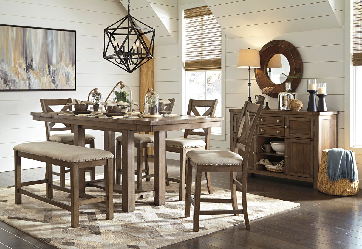 Moriville Counter Height Dining Table with 4 Barstools, Bench, and Server - D631D4