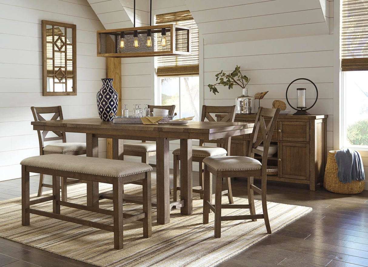 Moriville Counter Height Dining Table with 4 Barstools, Bench, and Server - D631D4
