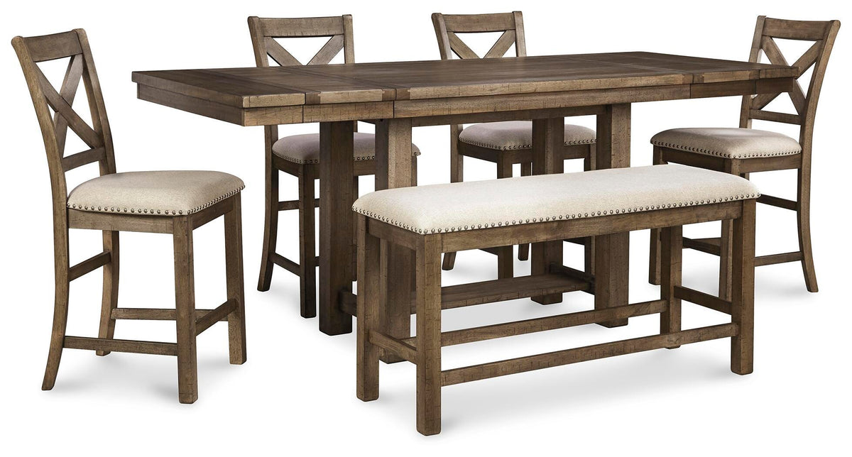 Moriville Counter Height Dining Table with 4 Barstools and Bench - D631D3