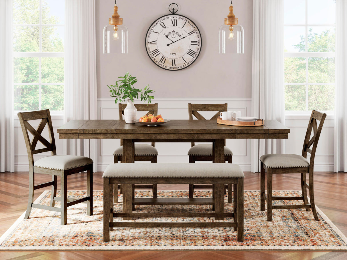 Moriville Counter Height Dining Table with 4 Barstools and Bench - D631D3
