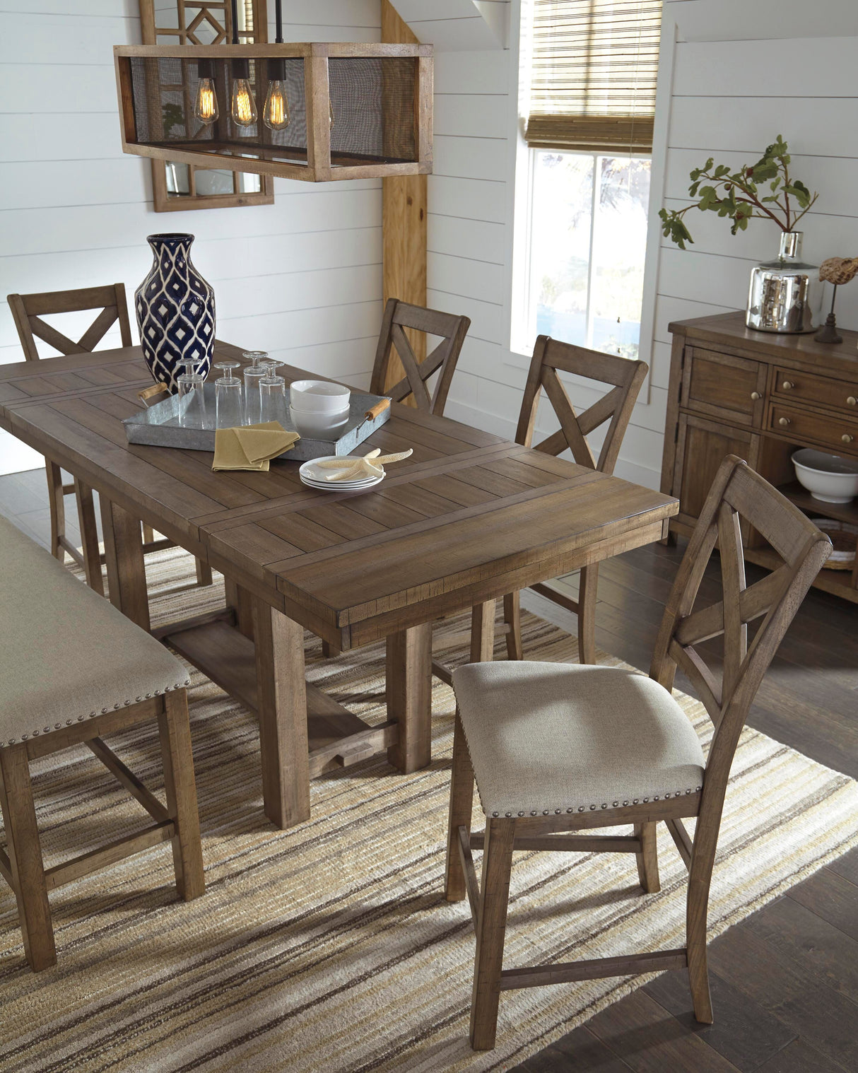 Moriville Counter Height Dining Table, 4 Barstools and Server - D631D8