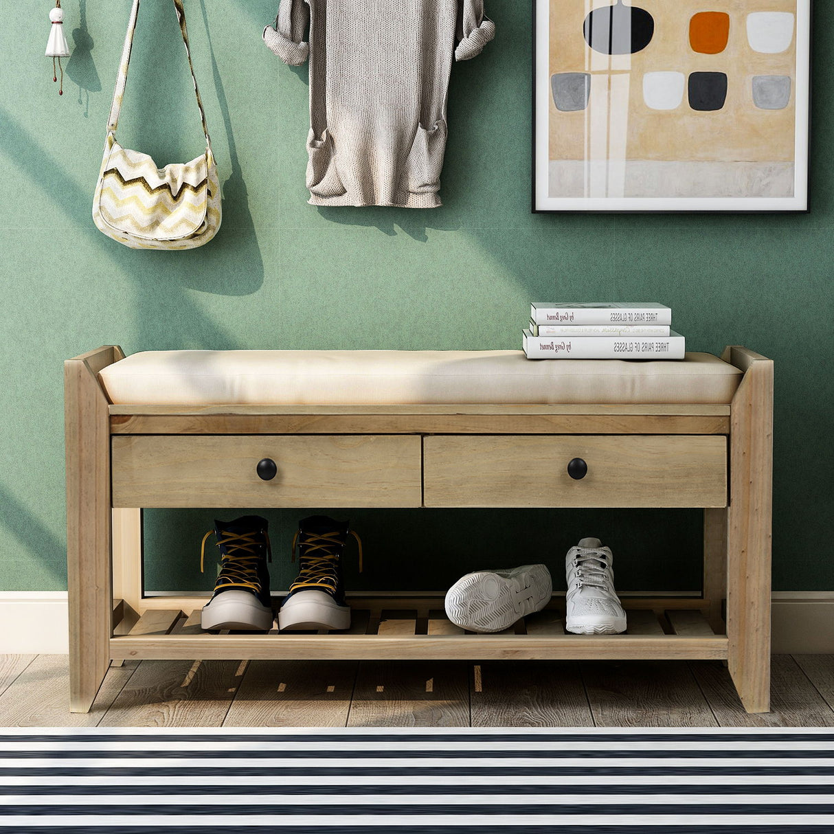 Shoe Rack With Cushioned Seat And Drawers Multipurpose Entryway Storage Bench Wash - Gray Wash