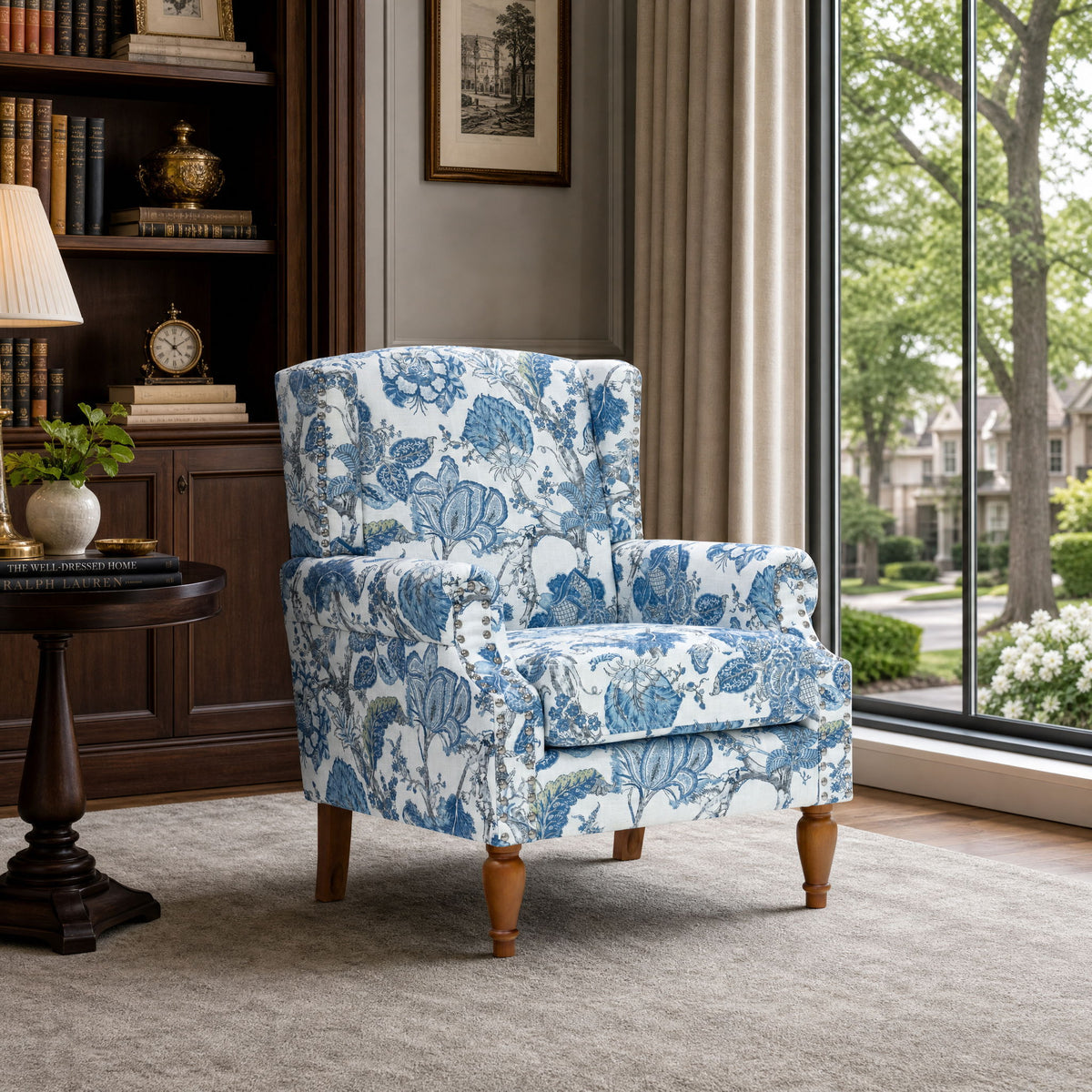 Accent Chair With Floral Upholstery And Nailhead Trim