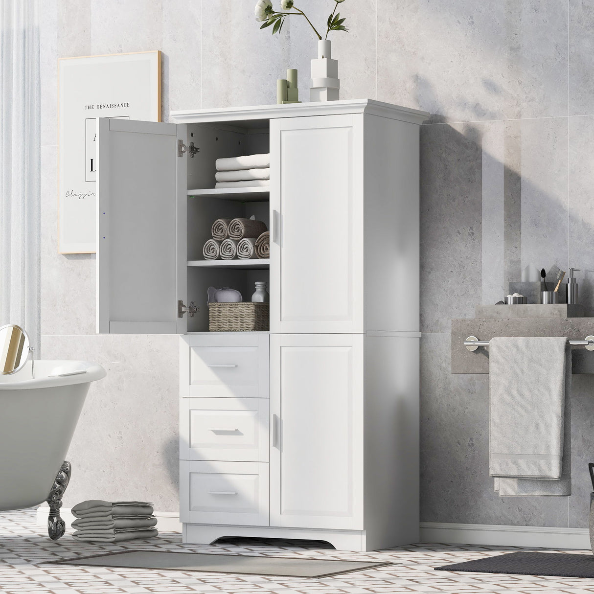 Tall And Wide Storage Cabinet With Doors, 3 Drawers