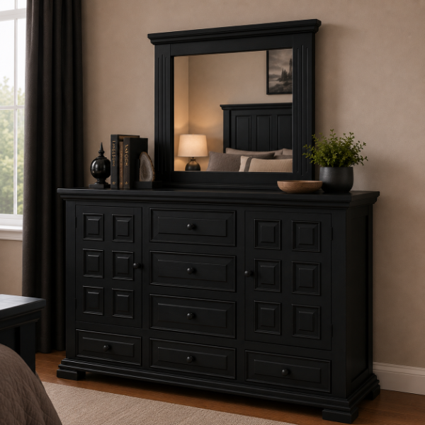Z Castle Black Queen Panel Bed, Dresser, & Mirror - CASTLEQF+CASTLEQH+CASTLEQR+CASTLEMR+CASTLEDR