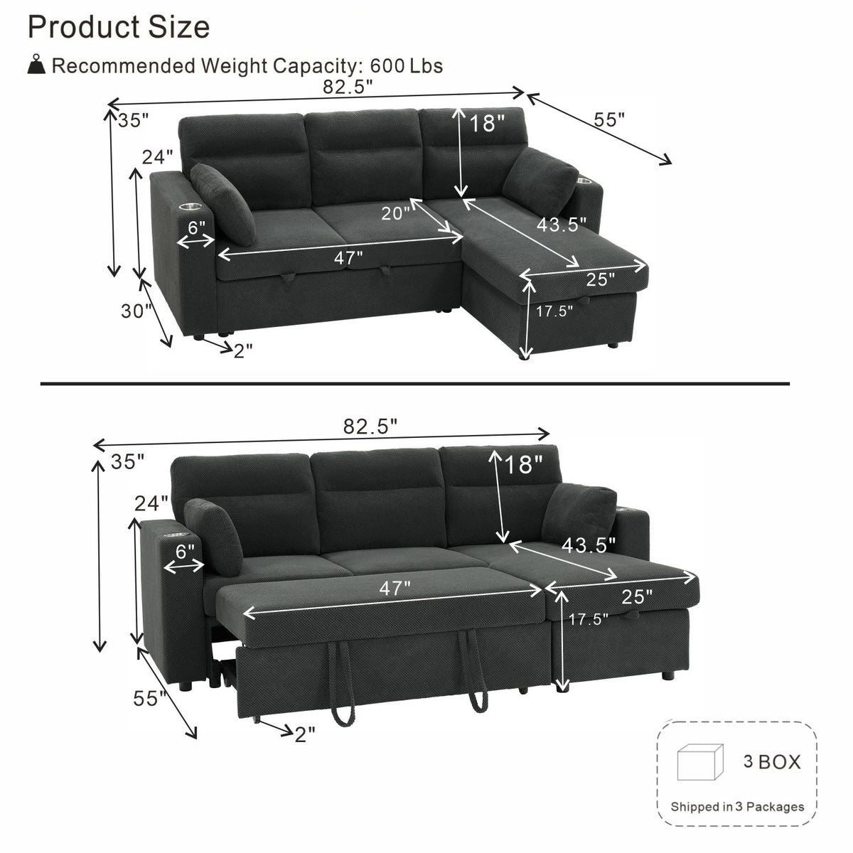 Convertible Sectional Sofa With Storage Chaise, Cup Holders And Pull Out Sleeper
