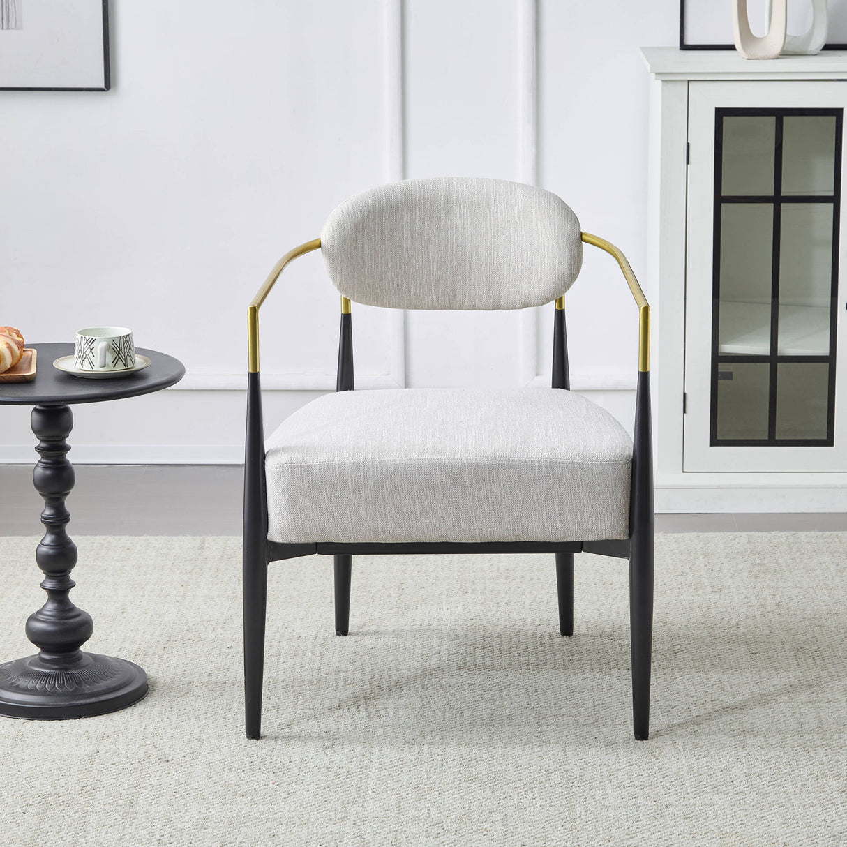 Upholstered Accent Armchair With Tapered Legs - Beige / Black / Gold