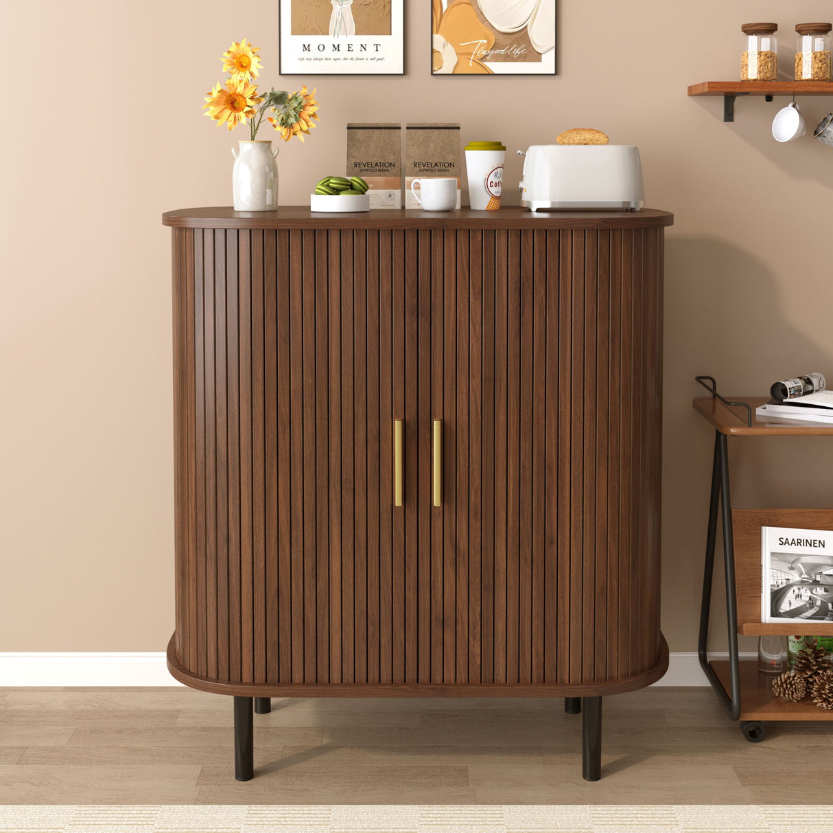 Fluted Wine Bar Cabinet With 8 Grid Wine Rack, 5 Level Adjustable Shelves, 2 Glass Holders