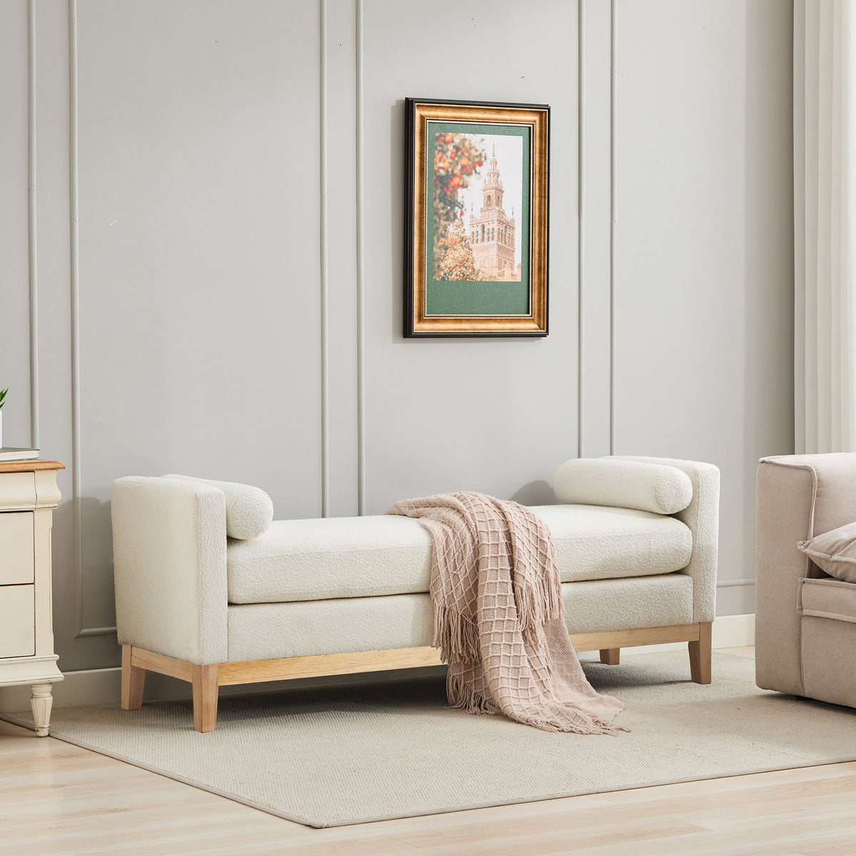 Upholstered End Of Bed Bench With Arms & 2 Bolsters For Bedroom