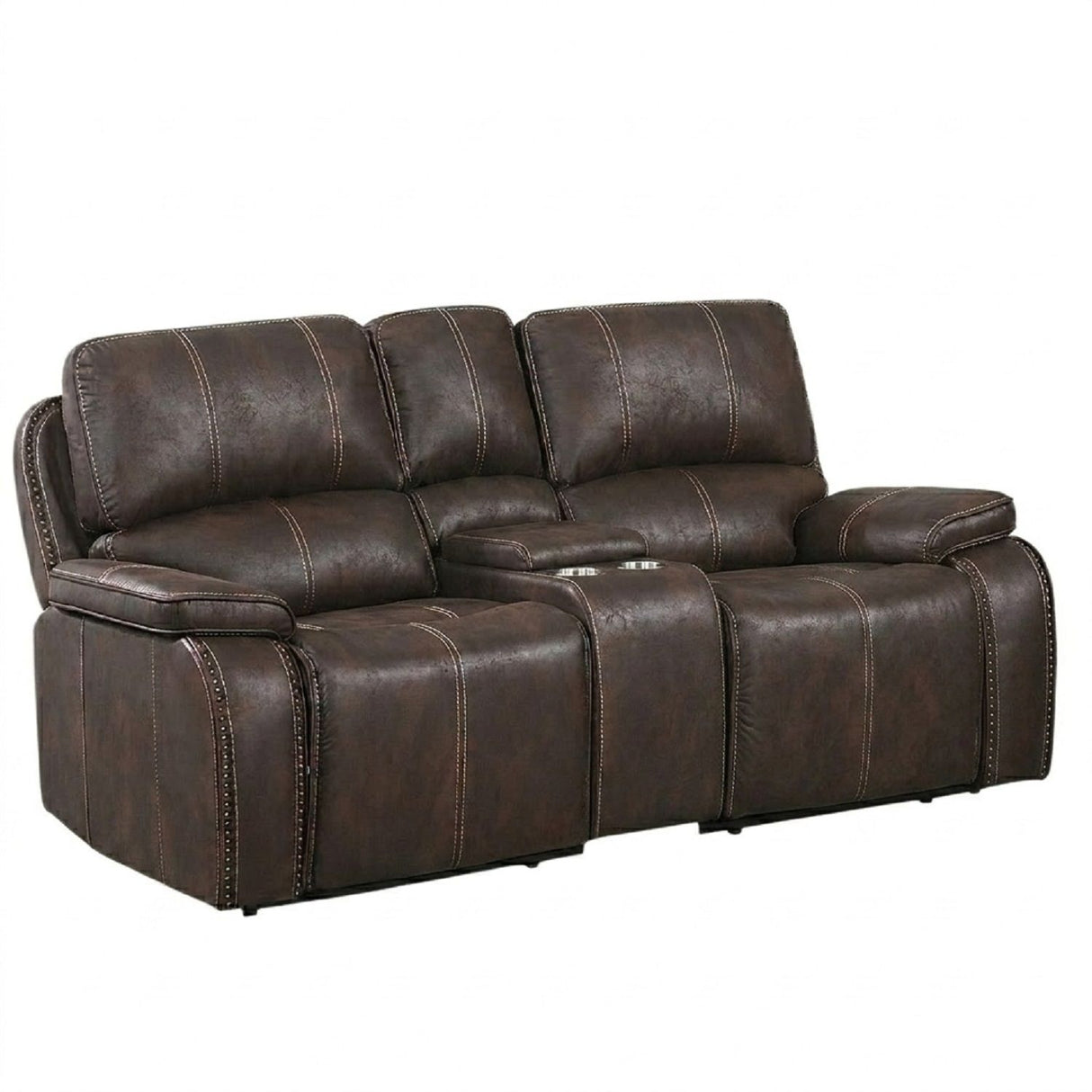 Power Reclining Loveseat With USB Port Leather Upholstered, Built In Cup Holder - Chocolate