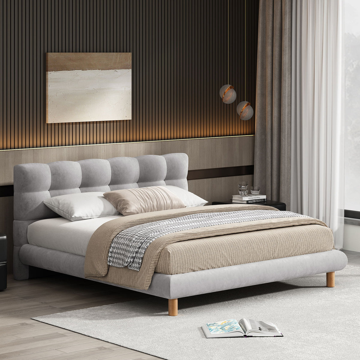 Upholstered Platform Bed Frame With Cookie Shaped Headboard