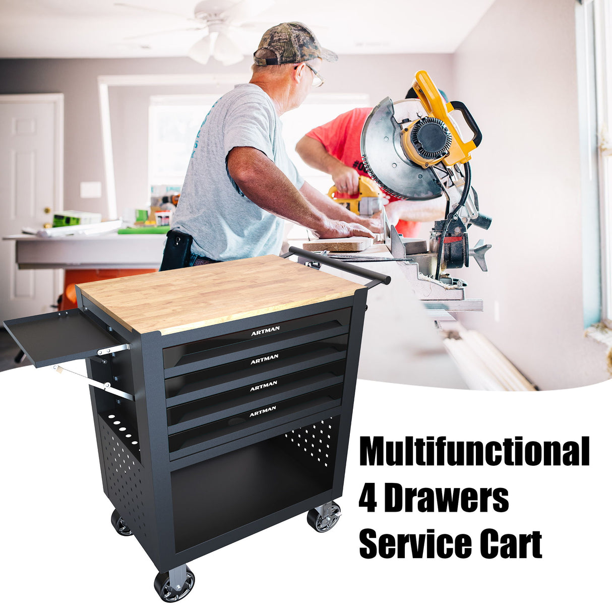 4 Drawers Multifunctional Tool Cart With Wheels And Wooden Top