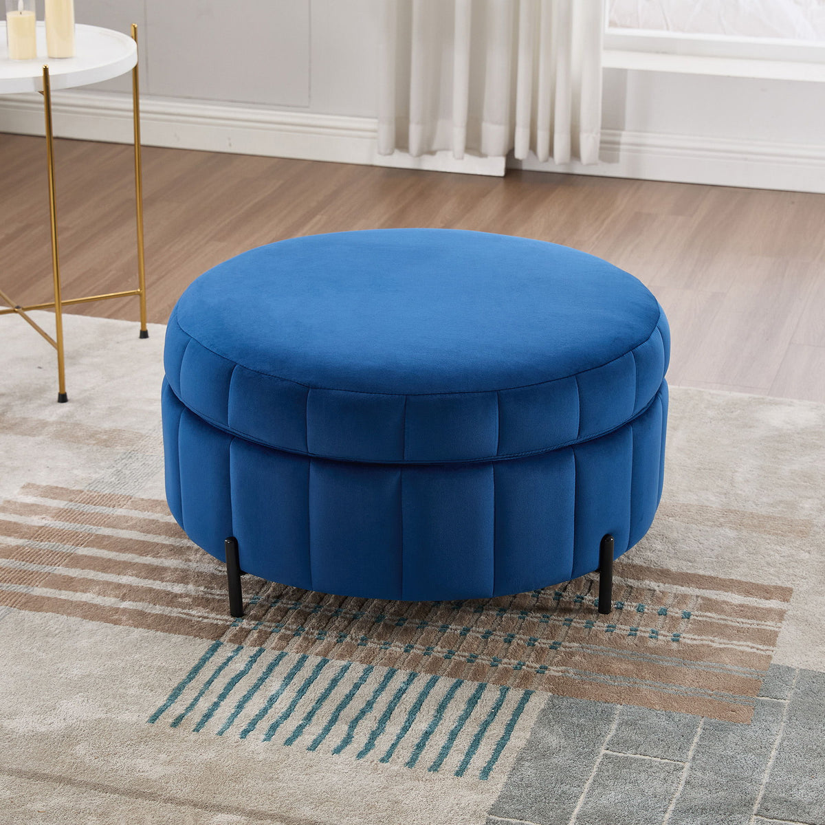 Upholstered Round Ottoman With Reversible Lid, Channel Tufted Pumpkin Shape