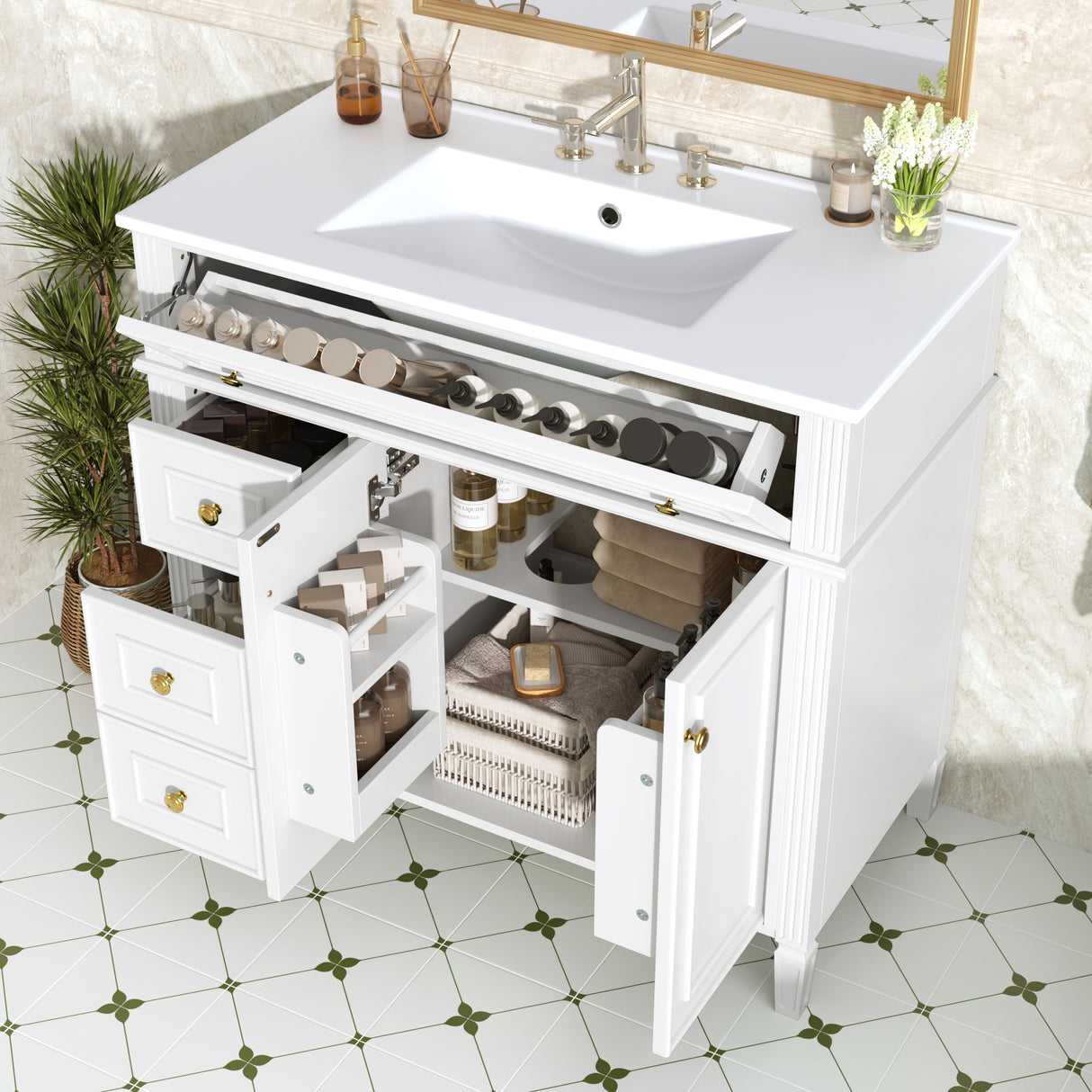 Bathroom Vanity With Sink, 3 Drawers & 2 Soft-Close Doors