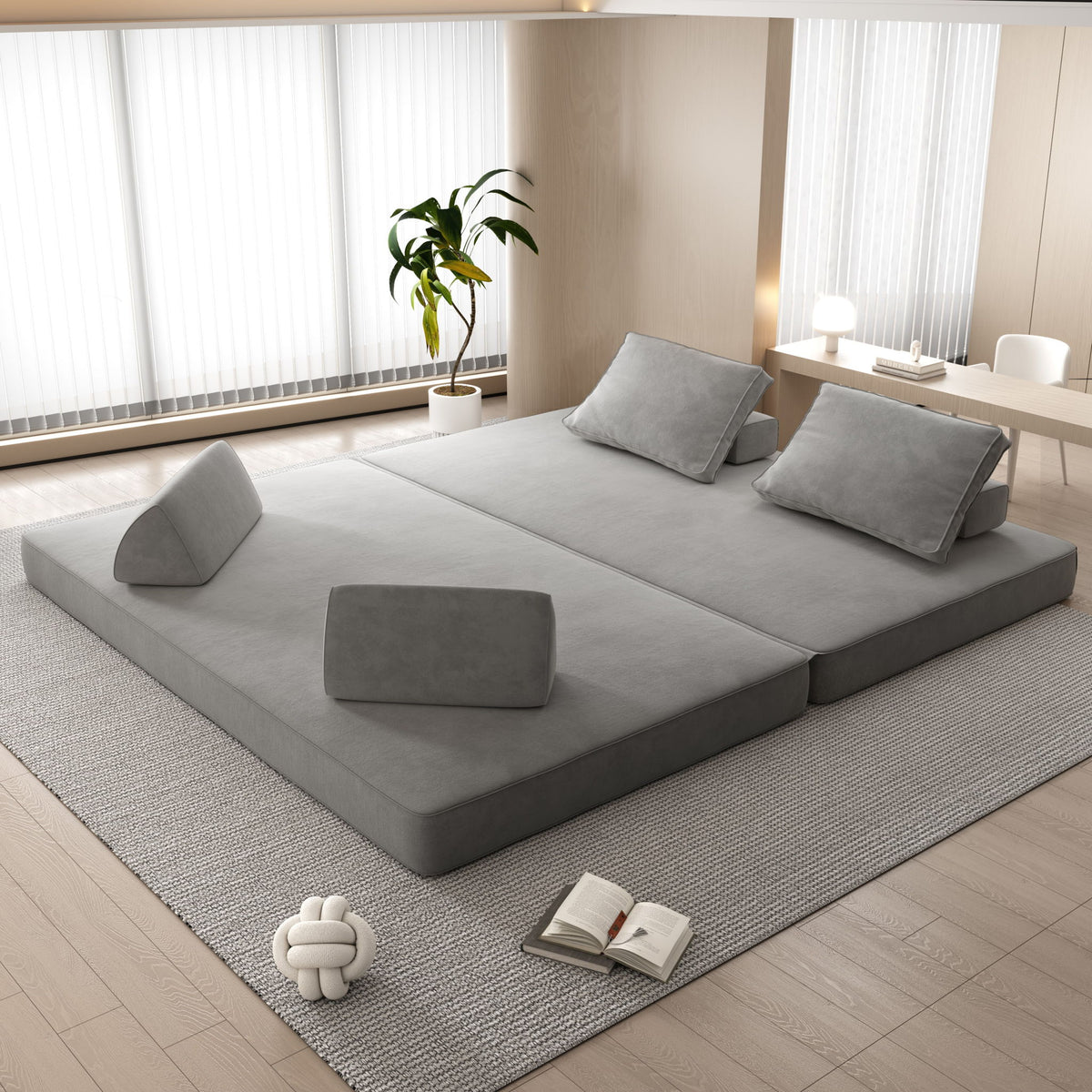 Multifunctional Convertible Sofa Bed With 2 Tumbler Backrests And 2 Pillows, Deep Seat Couch