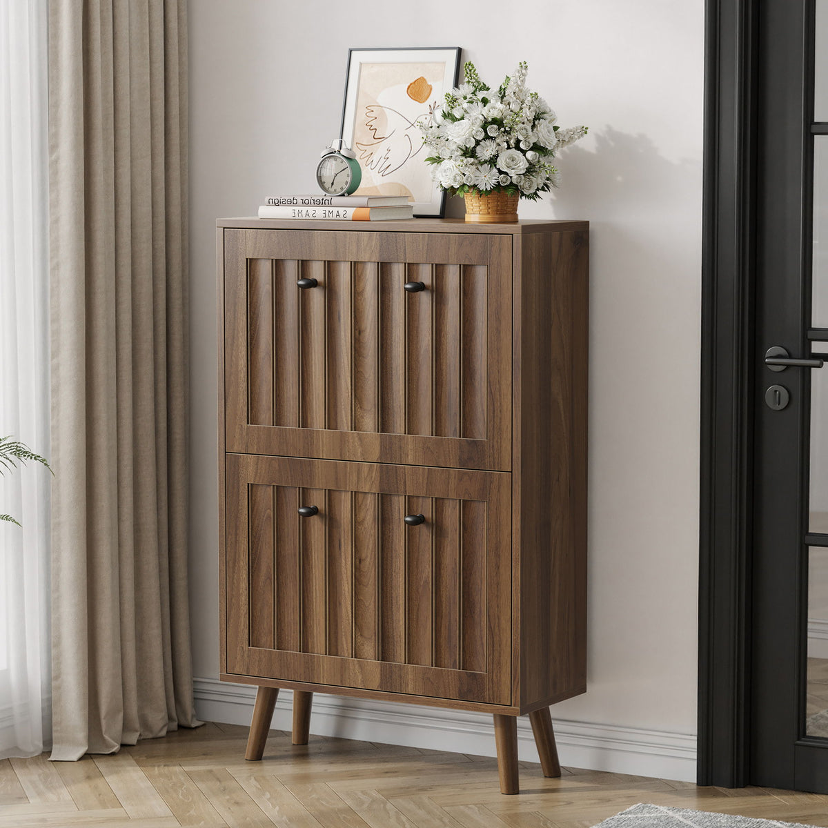 Shoe Cabinet, Upright Storage Unit - Walnut
