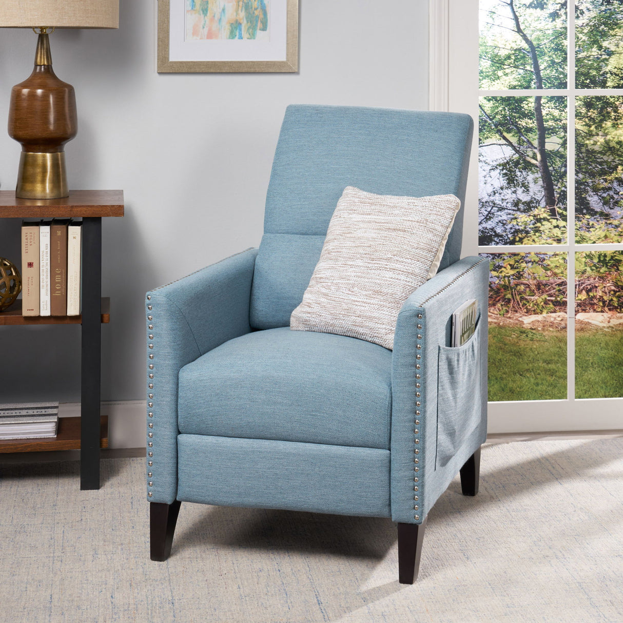 Repose Upholstered Recliner Chair With Nailhead Trim And Side Pocket - Light Blue