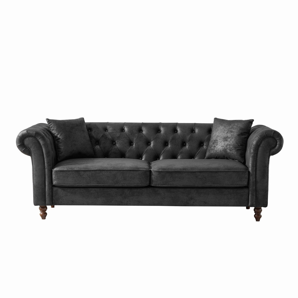 Chesterfield Sofa, High Tech Fabric Roll Armrest, 3 Seater Couch - Black