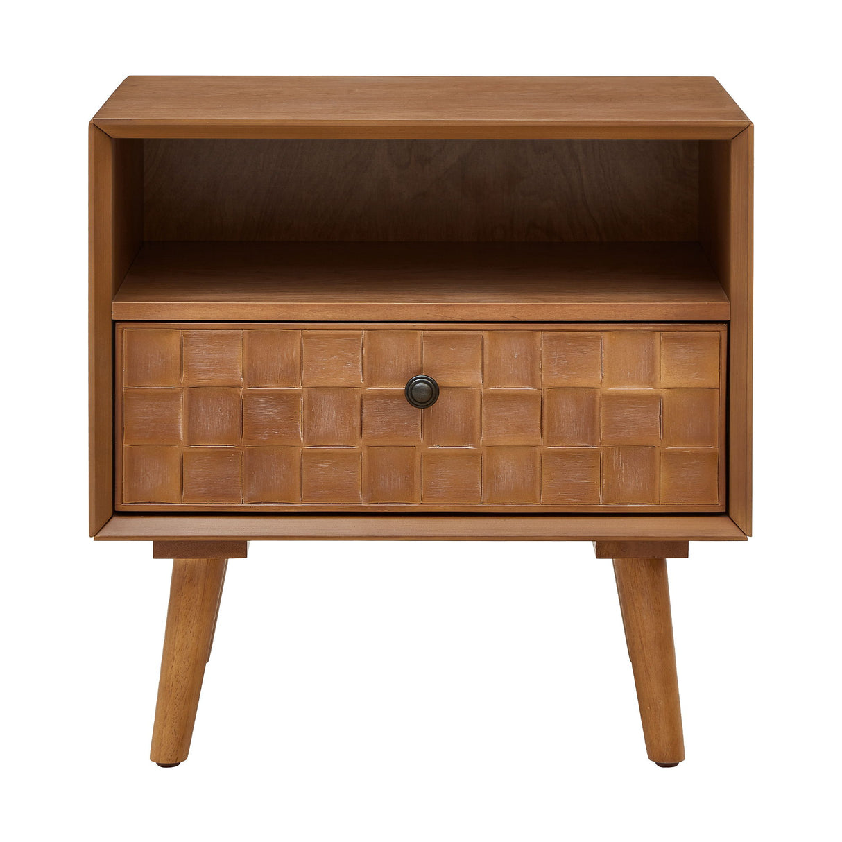 Nightstand With Carved Geometric Drawer Front, 1 Drawer And Open Shelf