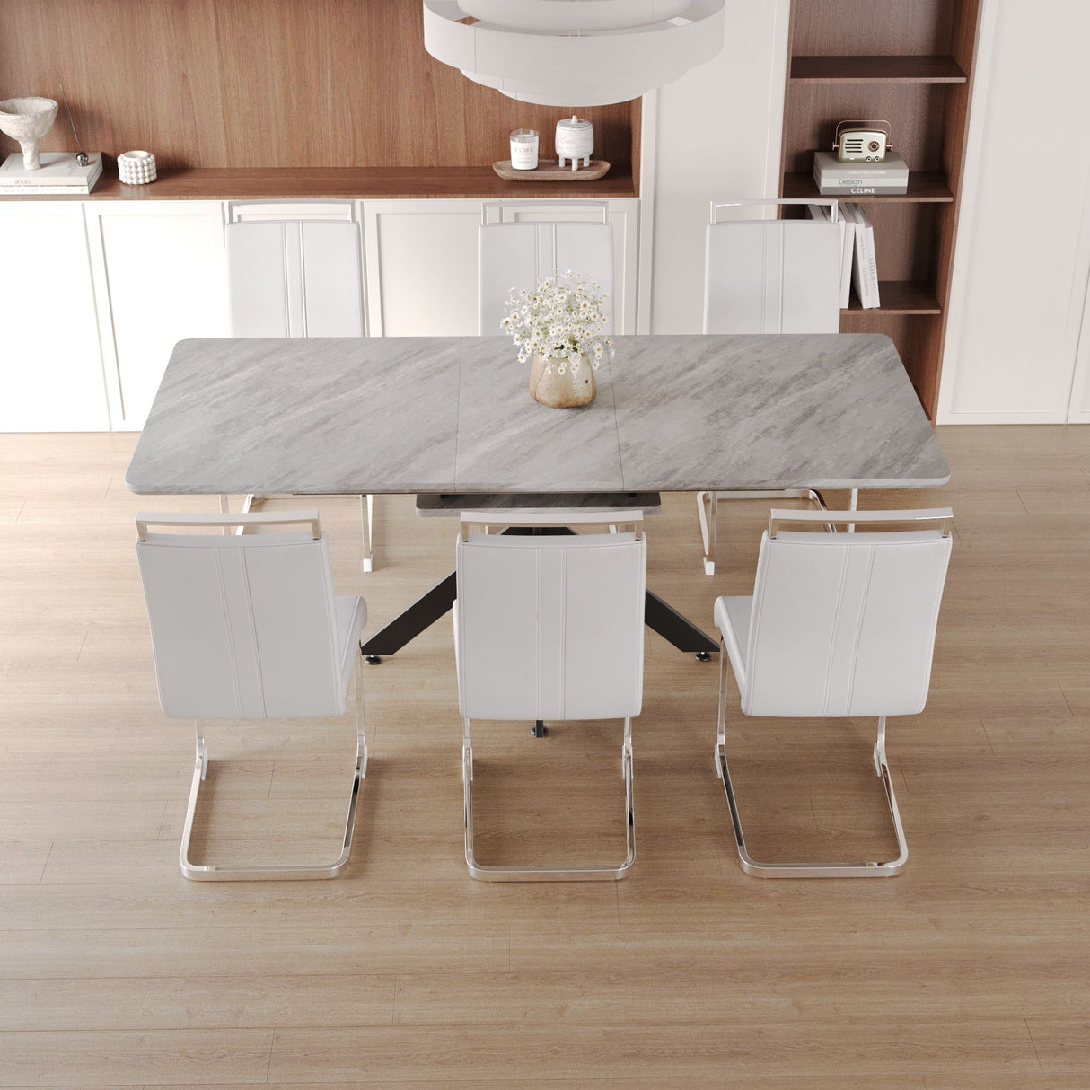 Modern Extendable Dining Table Set With Soft Padded Armless Chairs