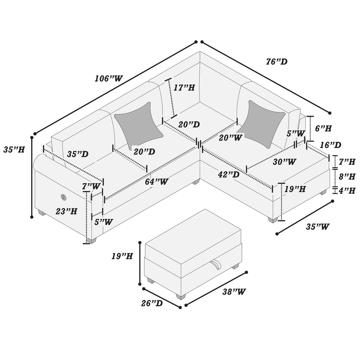 Contemporary Sectional Set With Right Arm Chaise, Left Arm Sofa With USB Port, Storage Ottoman