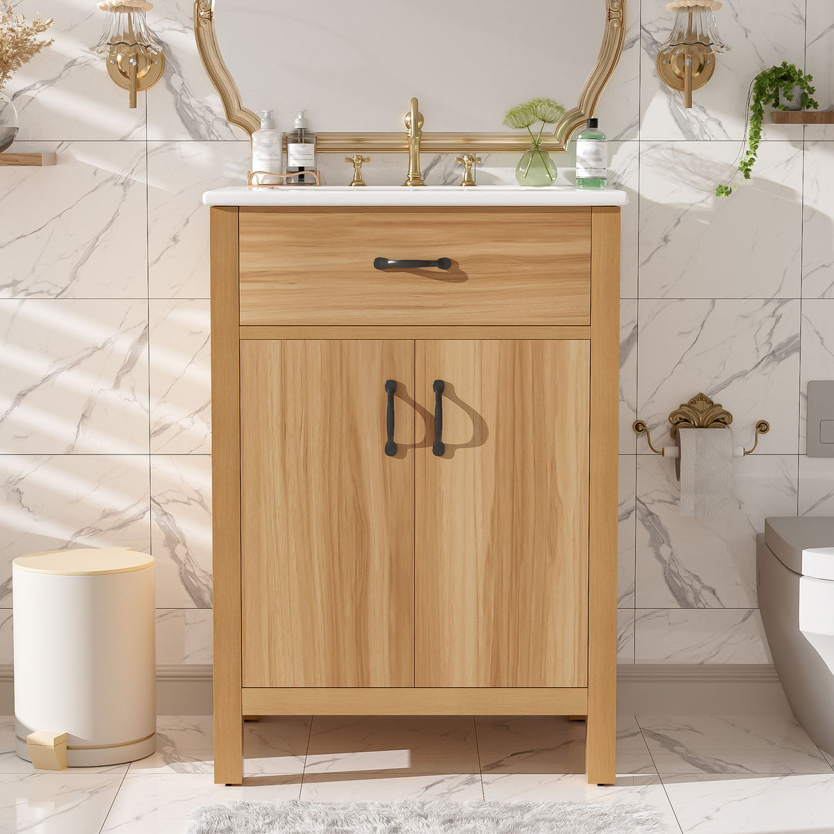 Bathroom Vanity With Flip Drawer, 2 Soft Close Doors, Adjustable Shelf And Ceramic Sink