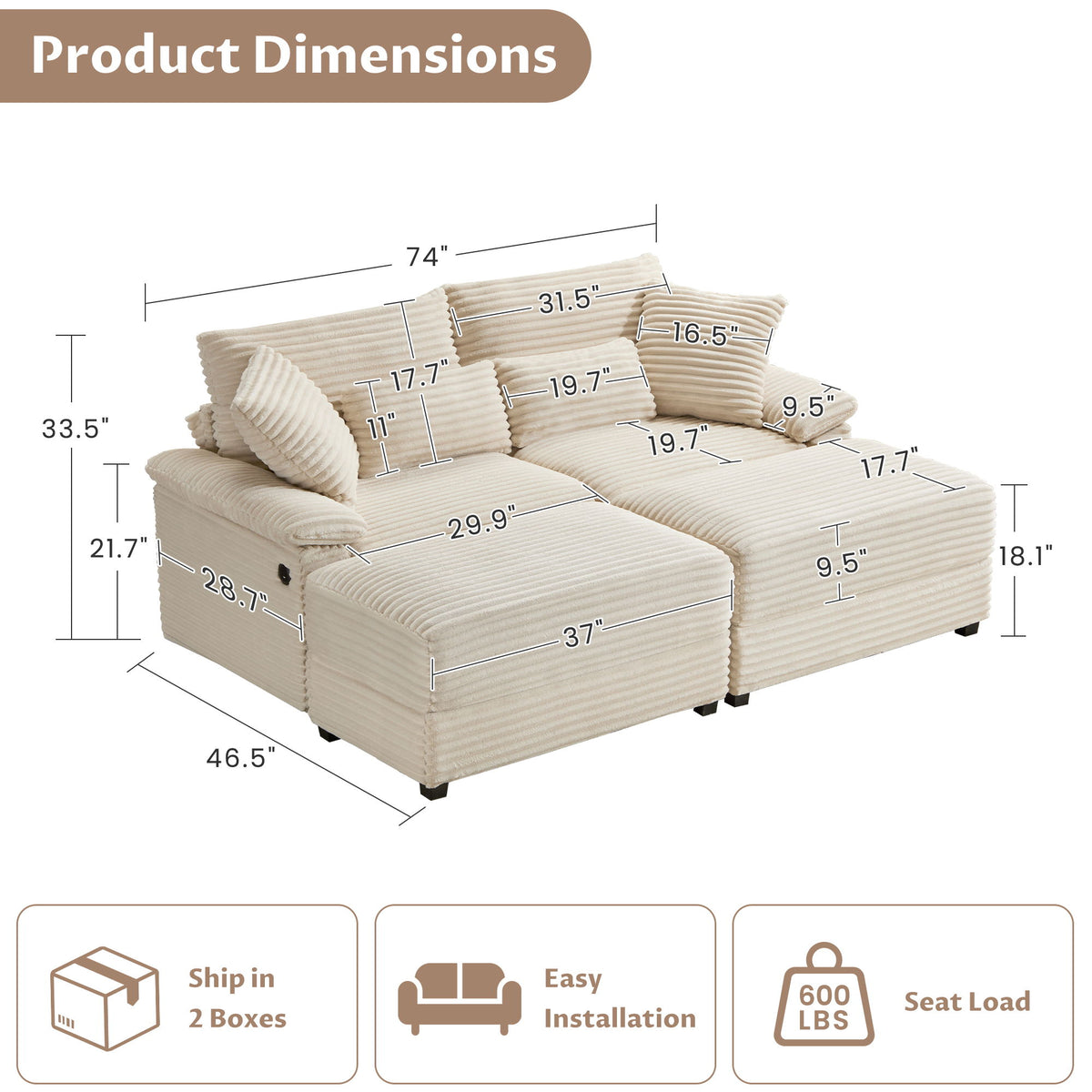 Double Chaise Lounge Set With Reversible Storage Ottomans, USB Port