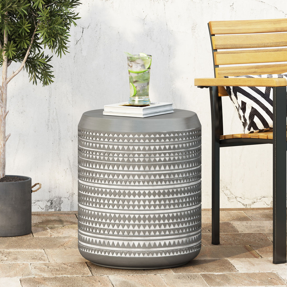 Outdoor Side Table With Cylindrical Shape - Light Gray / White