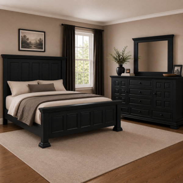 Z Castle Black Queen Panel Bed, Dresser, & Mirror - CASTLEQF+CASTLEQH+CASTLEQR+CASTLEMR+CASTLEDR