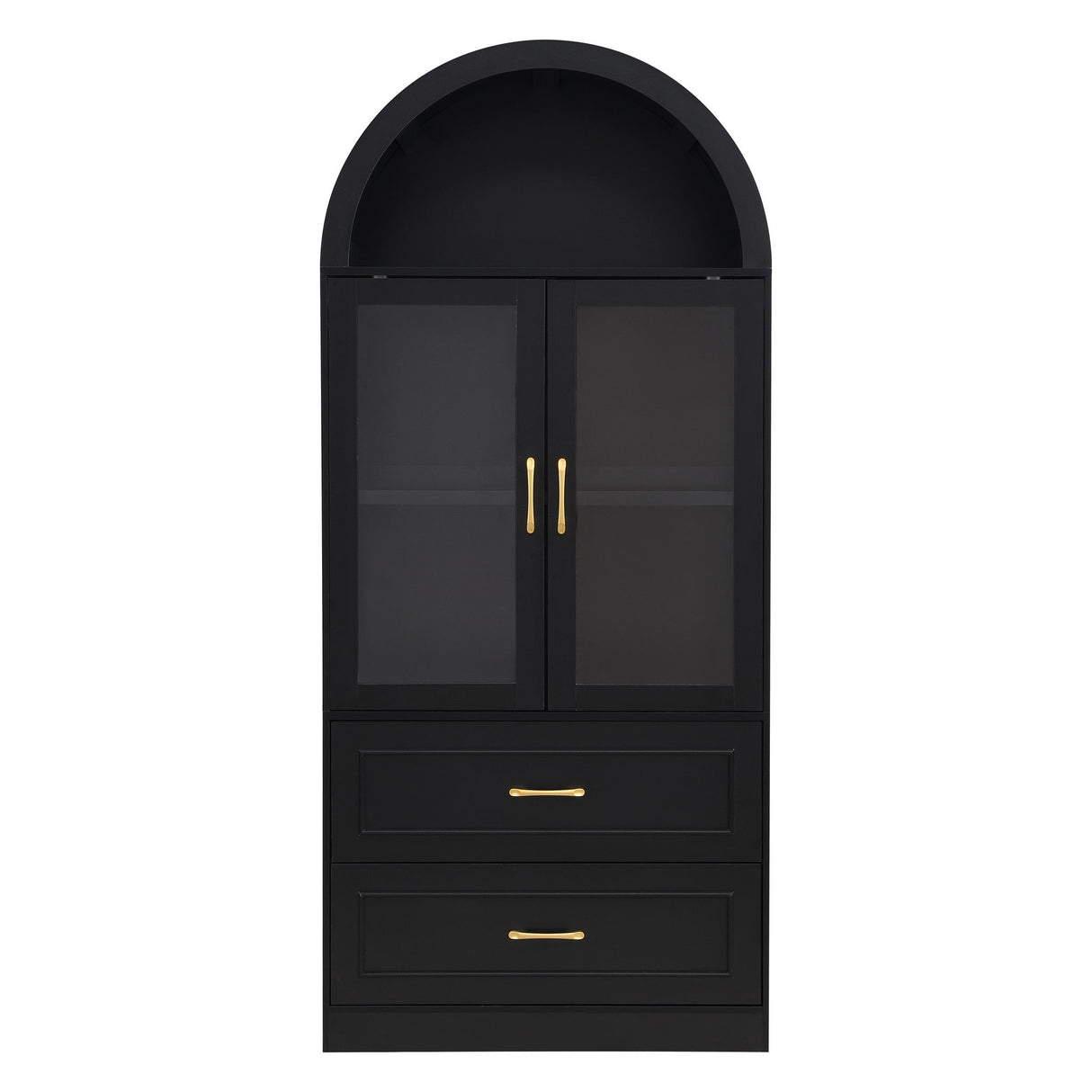Arched Top Storage Cabinet With Fixed 2 Tier Shelves, 2 Large Drawers