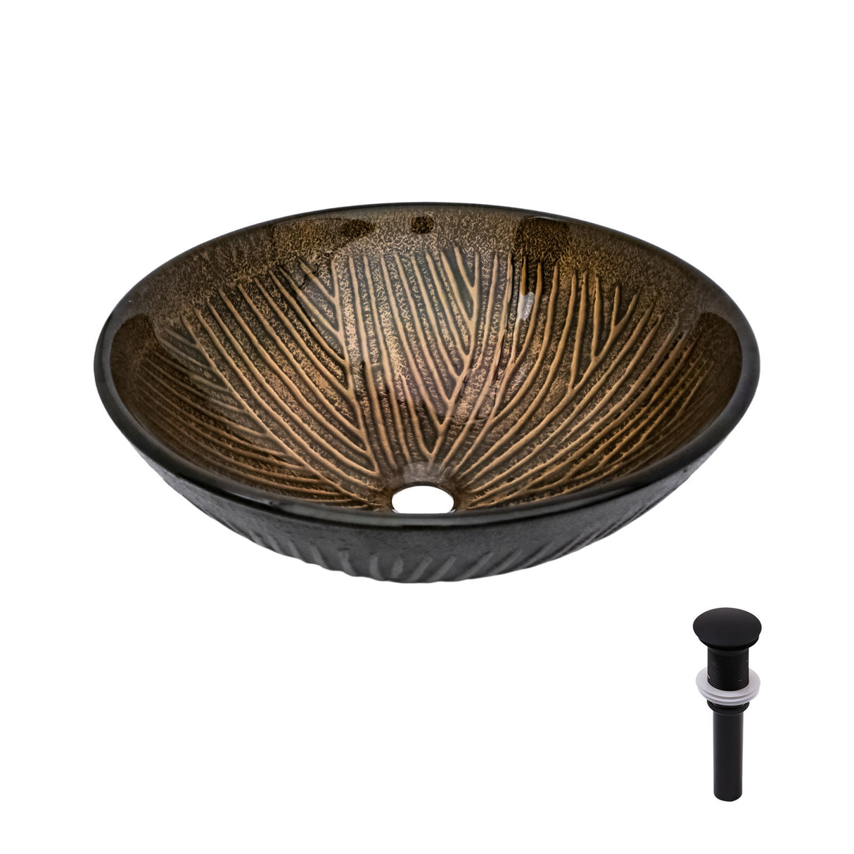 Feather Pattern Amber Vessel Sink With Pop Up Drain, Oval Bathroom Basin - Amber