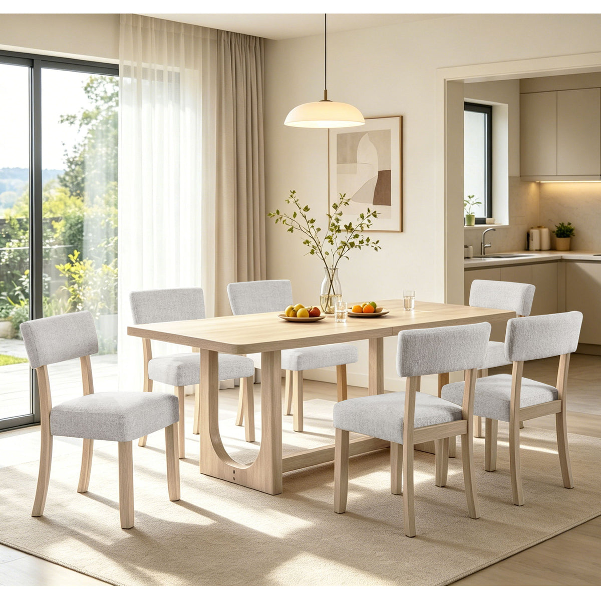 7 Piece Dining Table Set For 6, Rectangular Table & 6 Upholstered Chairs, Sturdy U - Shaped Base For Dining Room - Light Oak