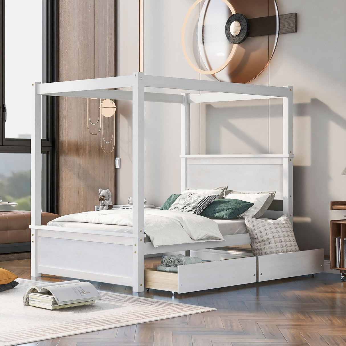 Canopy Platform Bed With Drawers, Support Slats, No Box Spring Needed