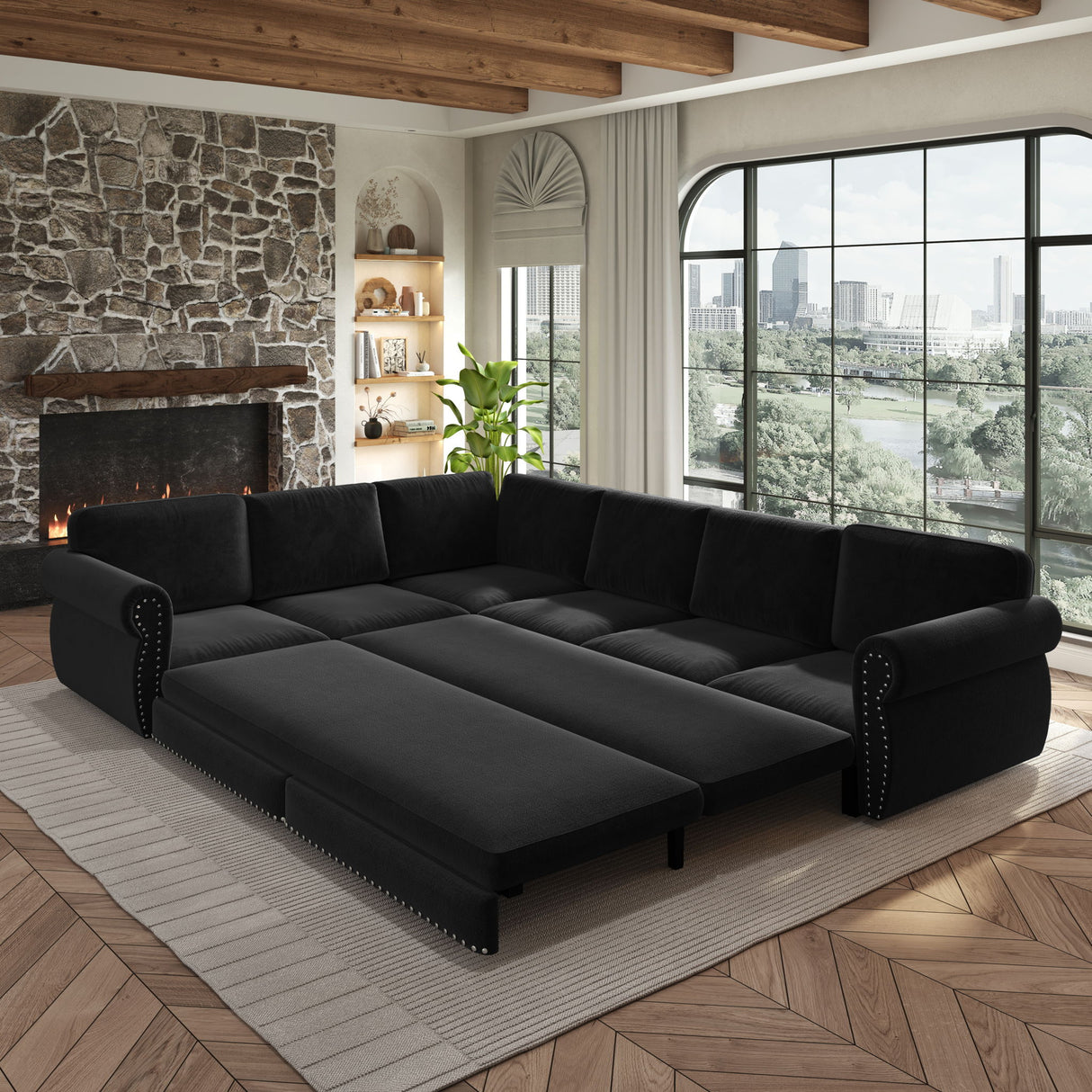 L-Shaped Sofa Couch With Pull Out Bed With Nailhead Trim & Rolled Arm