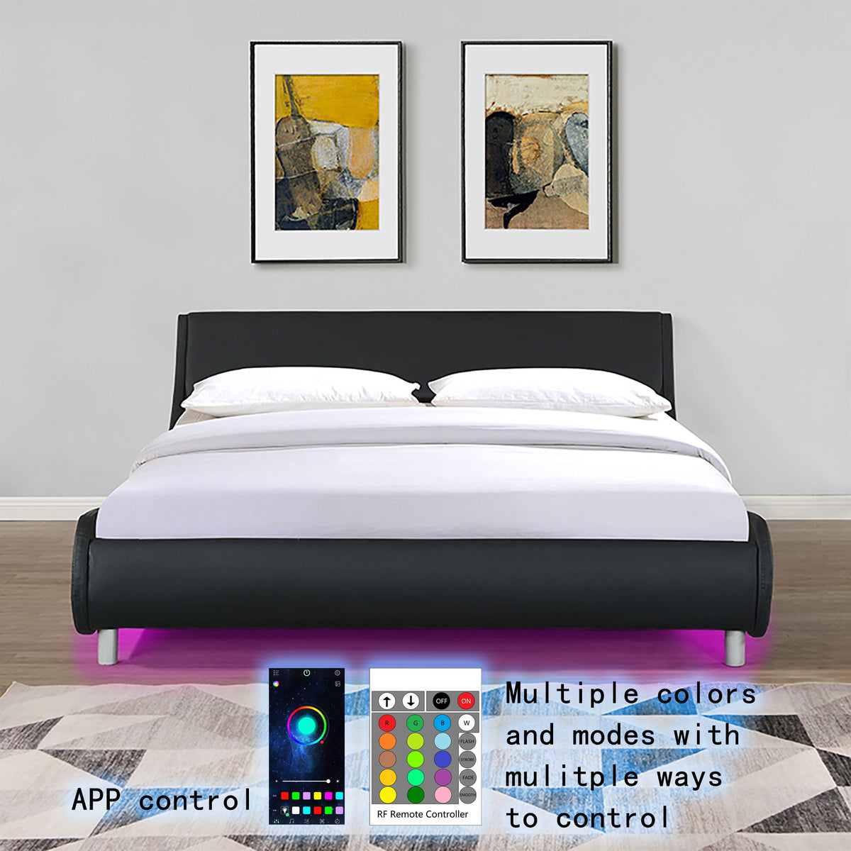 Queen Size Upholstered Platform Bed Frame With LED Lighting, Curve Design, Slat Support, No Box Spring Needed - Black