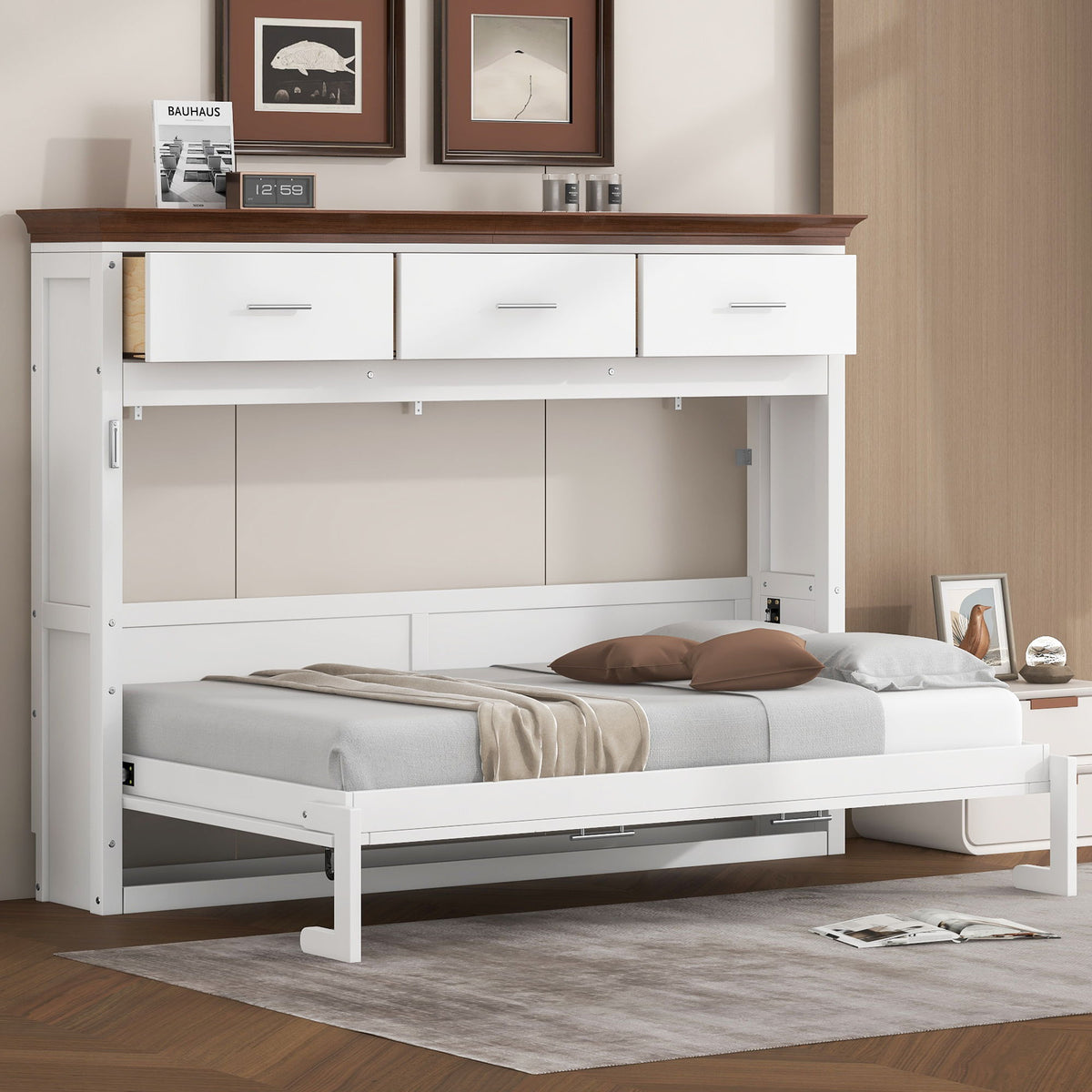 Twin Size Murphy Bed With 3 Drawers - White