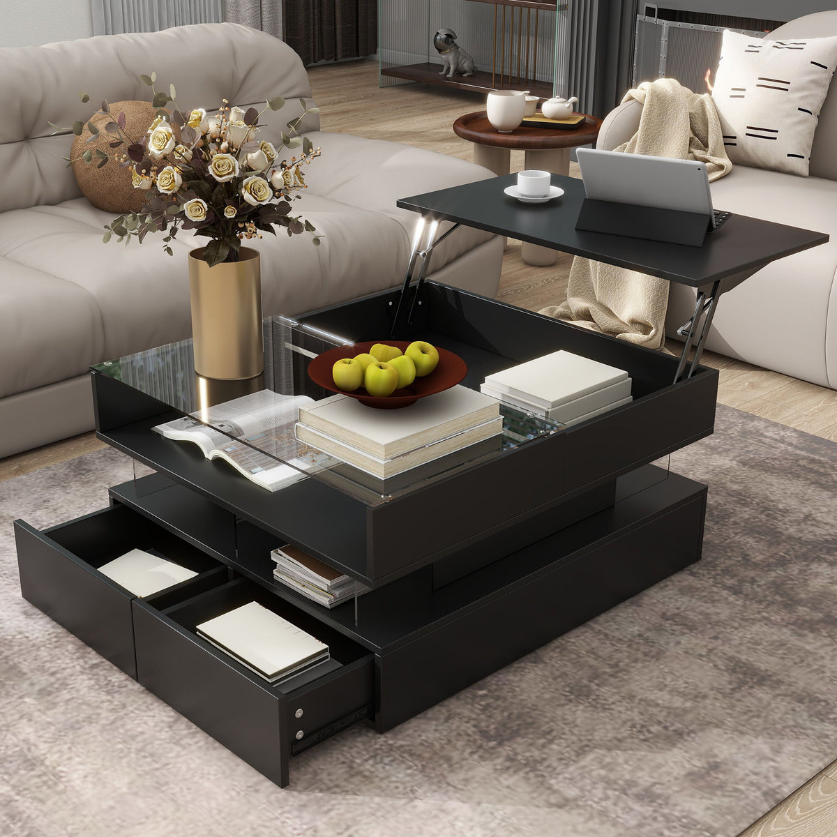 Lift Top Coffee Table With 2 Drawers, Hidden Space And LED Lights For Living Room - Black