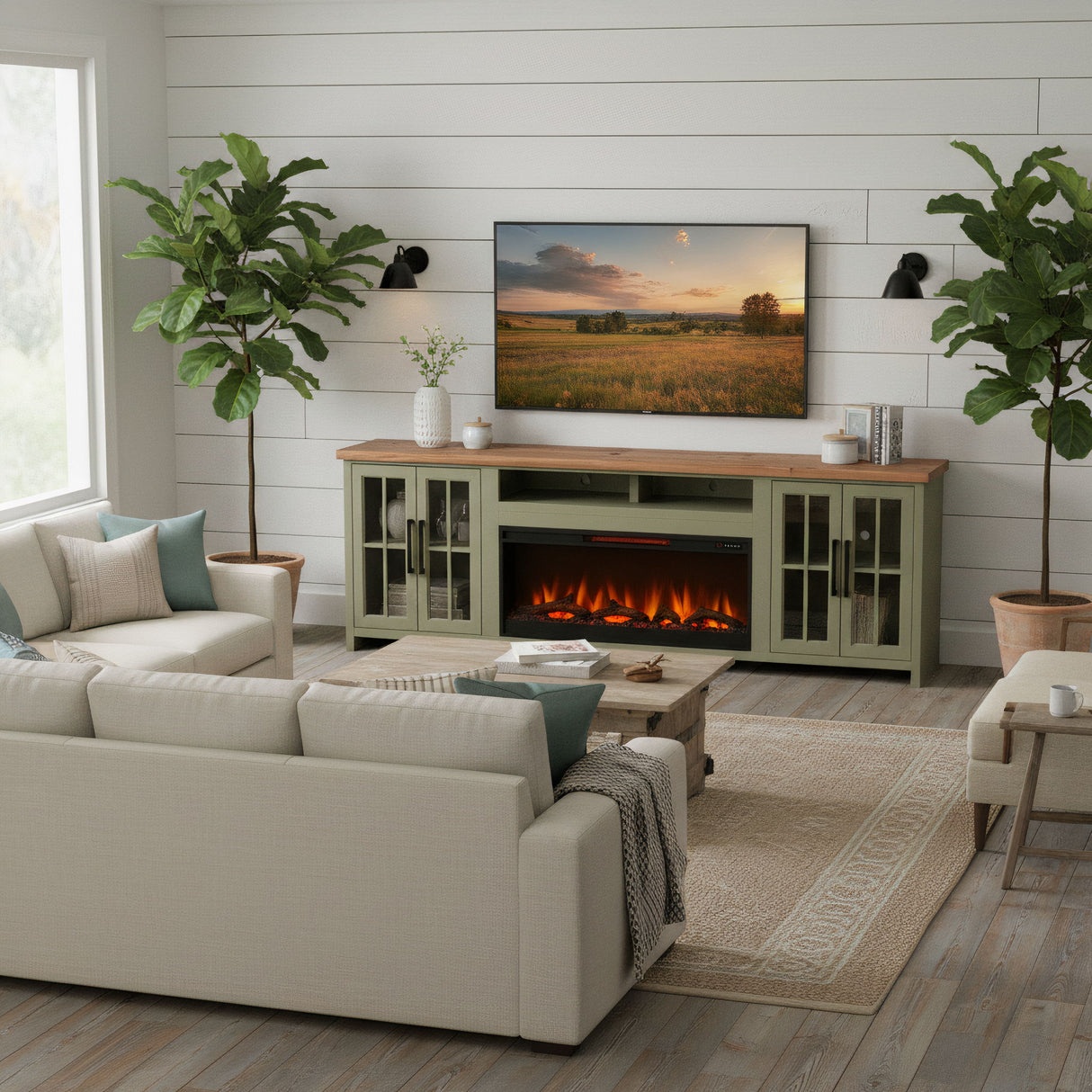 97" Fireplace TV Stand Console For TVs Up To 100" - Sage Green And Fruitwood Finish