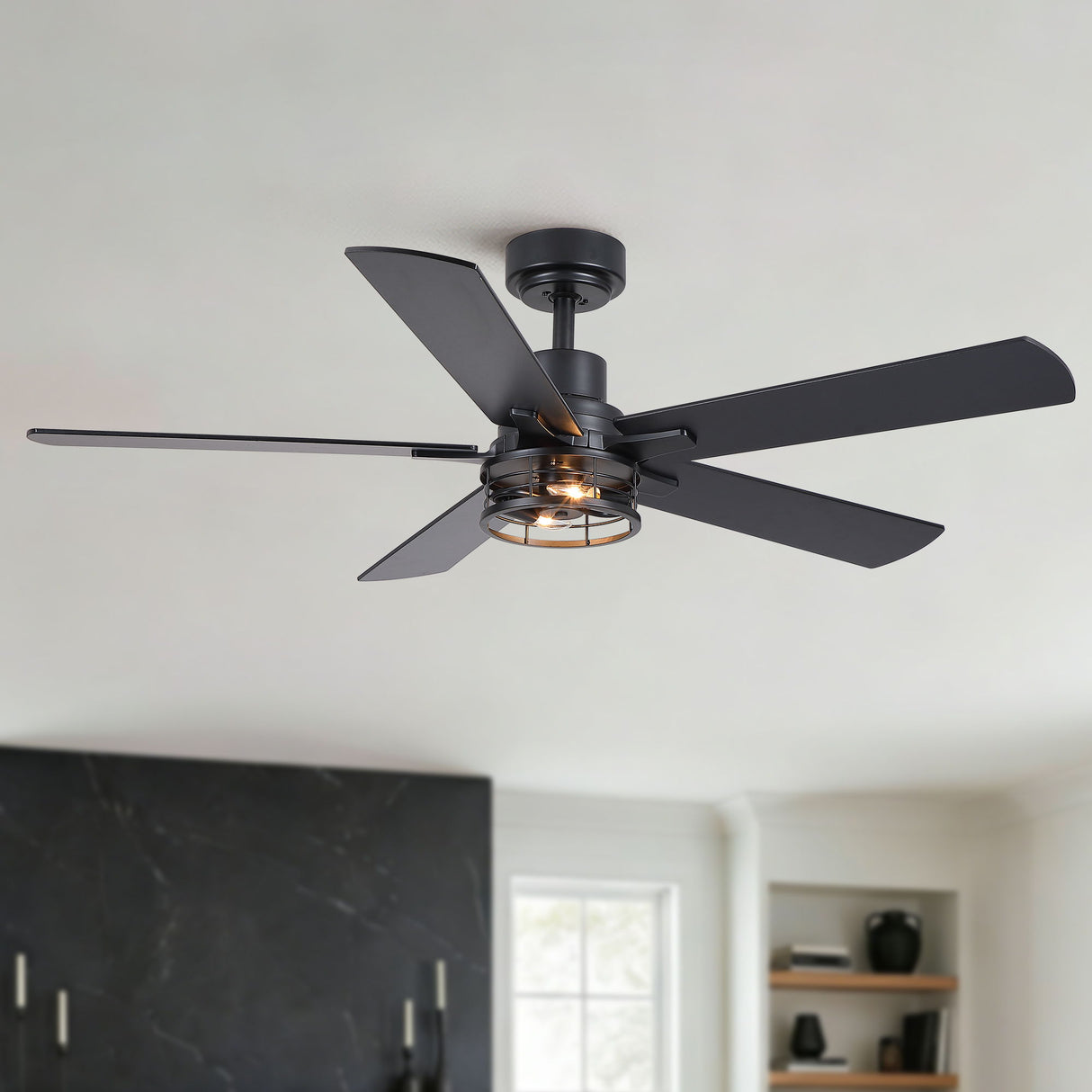 Ceiling Fan With Light, Dual‑Sided Matte Black & Wood Grain Blades - Black