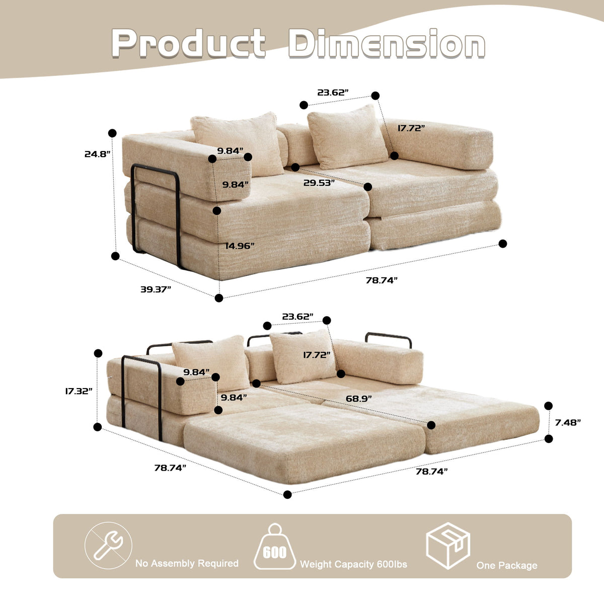 Convertible Floor Sofa Bed With Pillow Back Support Armrest